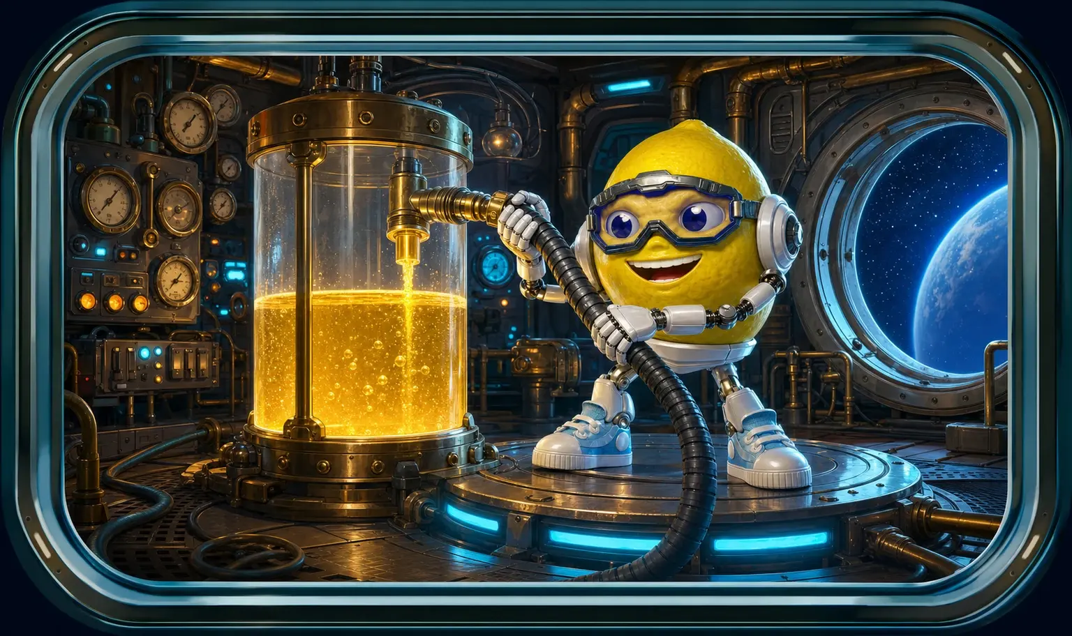 The Lemon Jet mascot on a launch platform pumping glowing gold fuel into a tall glass tank