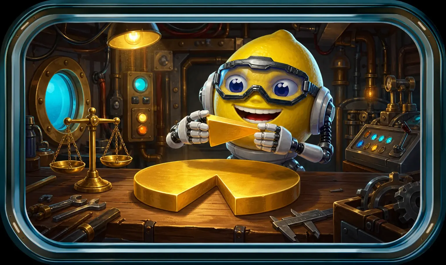 The Lemon Jet mascot lifting one thin wedge out of a gold disc on a workbench beside a balance scale