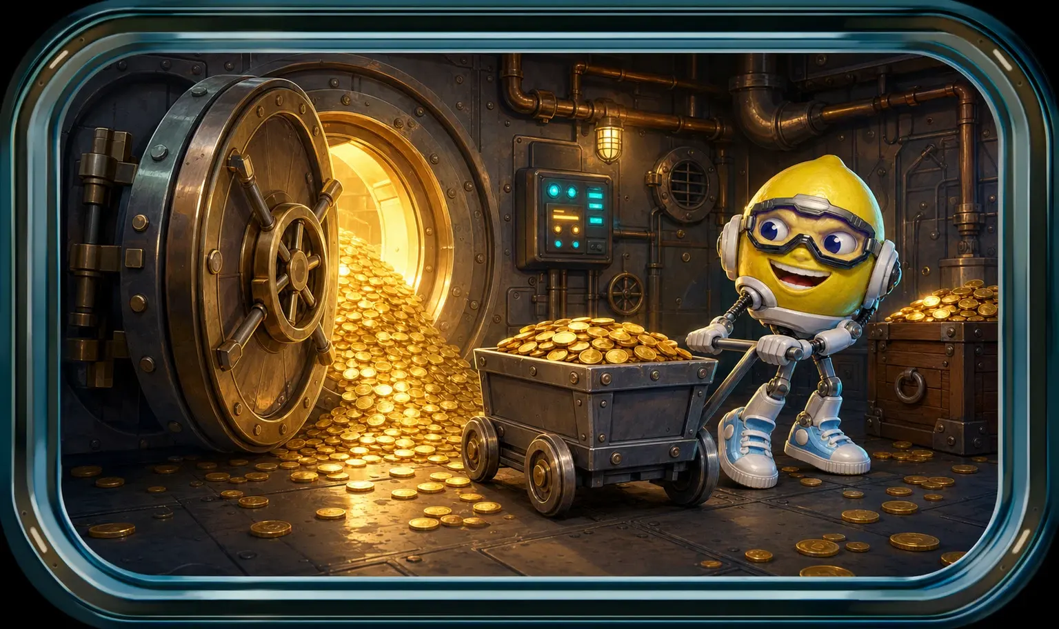 The Lemon Jet mascot wheeling a cart of gold coins away from a half-open round vault door