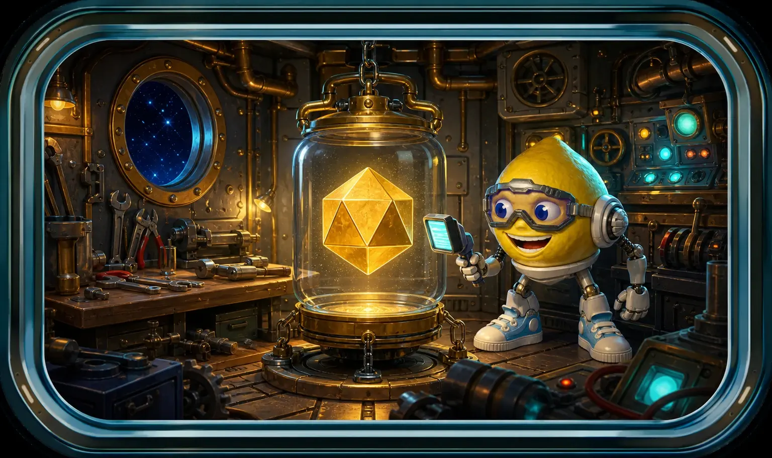 The Lemon Jet mascot scanning a glowing gold die sealed in a glass capsule hung from a chain